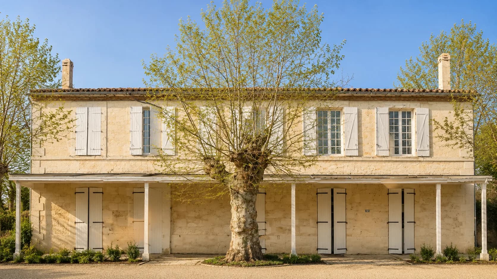 Maison en pierre avec volets blancs et arbre central.