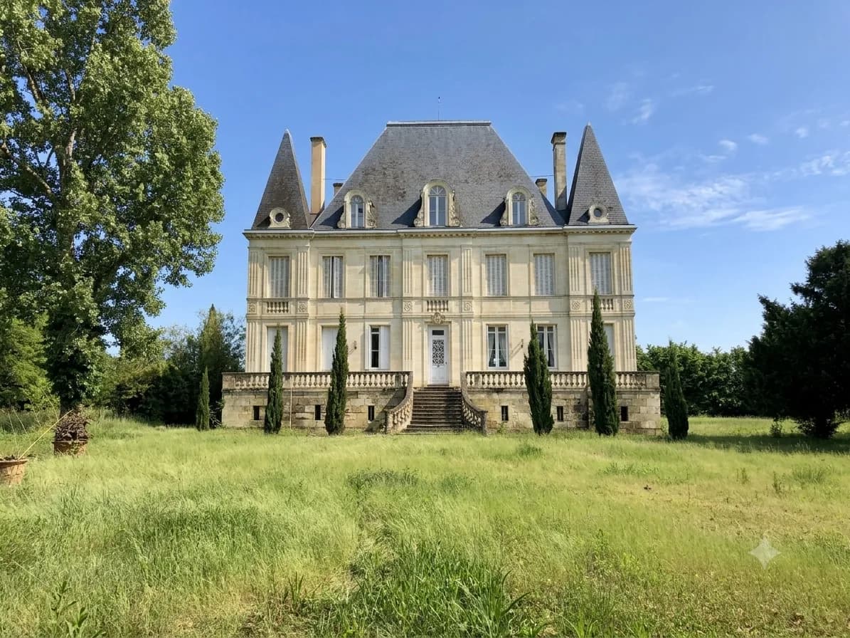 Château en pierre avec toits en ardoise et pelouse verdoyante.